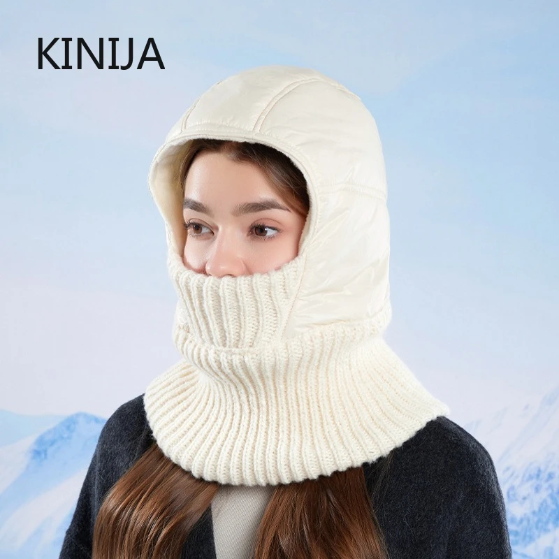 Женская зимняя цельная вязаная шапка с защитой ушей/шейи, утолщенная теплая шапка-балаклава для верховой езды, кемпинга, пешего туризма, кепка