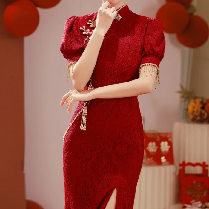 

Elegant Split Qipao Women Burgundy Banquet Gown Sexy Lace Flower Cheongsams Slim Chinese Dress Vintage Mandarin Collar Vestidos