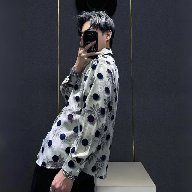 WVGA Spring Summer New Man's Long Sleeve Ice Silk Floral Shirt Ins Korean Version Niche Chic Casual Polka Dot Printed Top W19763