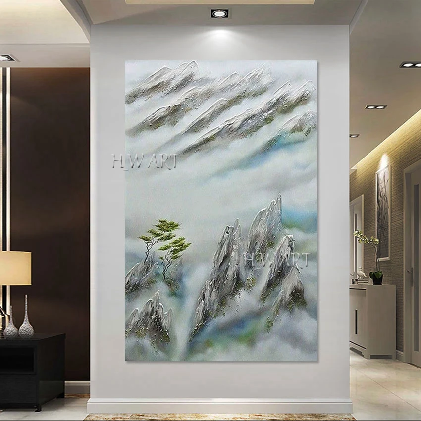 Modern Green Tree Oil Paintings, Canvas Decoration Acrylic Artwork, Frameless, 3D Mountain Top Abstract Landscape Art Picture