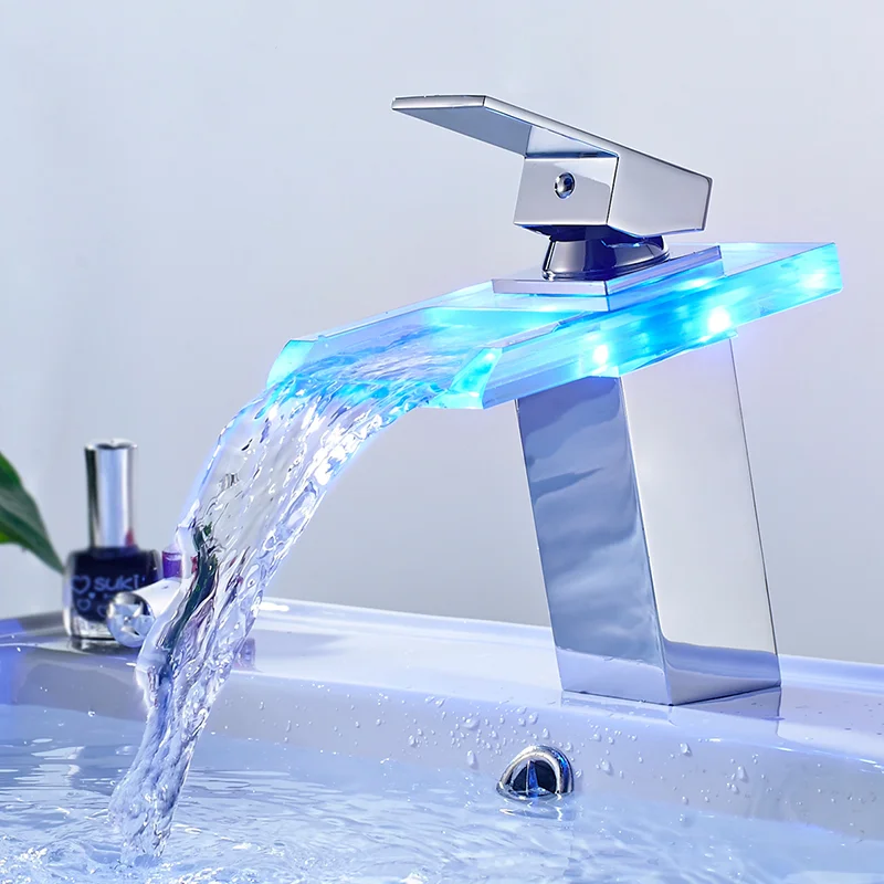 

LED Basin Faucet Brass Waterfall Temperature Colors Change Bathroom Mixer Tap Deck Mounted Wash Sink Glass Taps