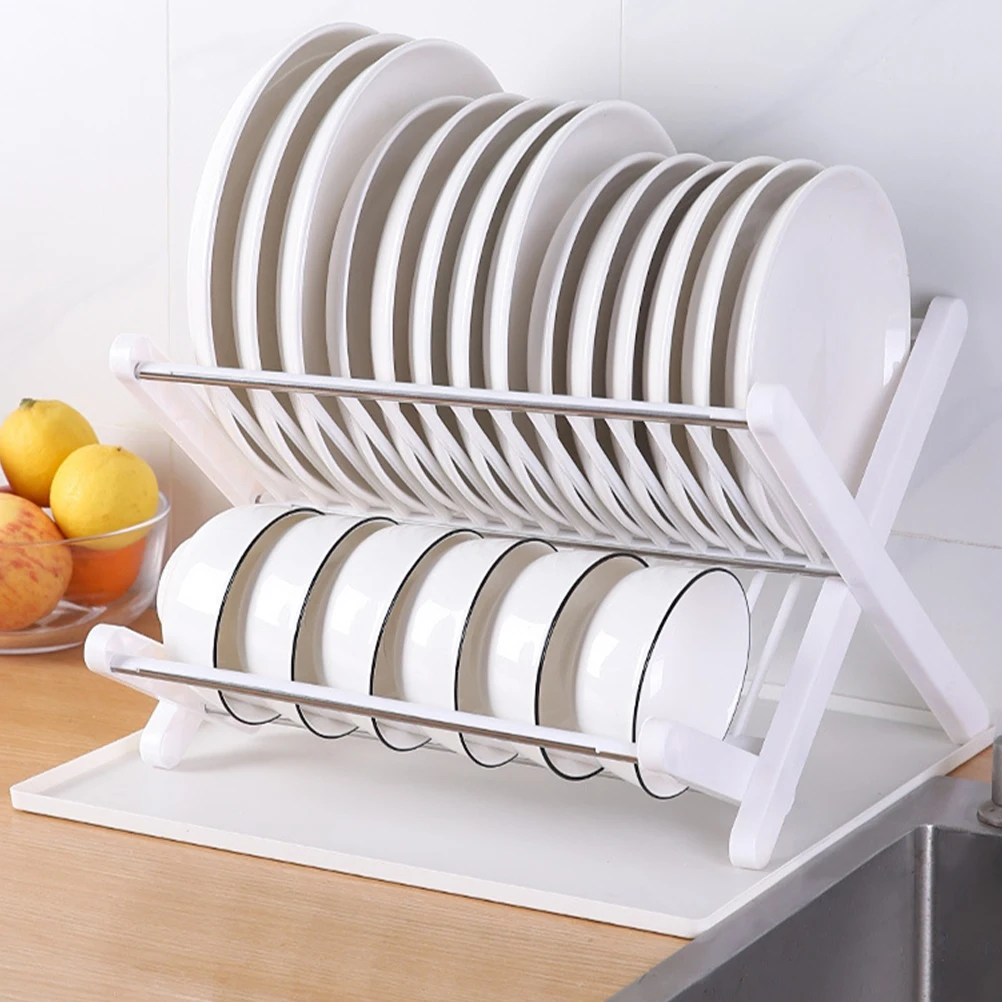 

1 set Foldable Kitchen Dishes Rack with Water Tray White Large Capacity Storage Solution Drainage Design Dishwasher Dryer