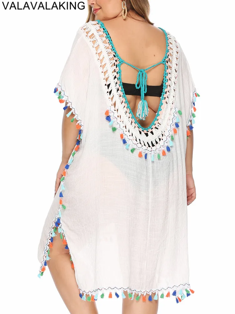 2025 Solidne damskie bikini Plus Size Cove Up z krótkim rękawem Duża duża tunika Lady Chubby Beach Dress Tassels Hollow Swimsuit Cover-Up