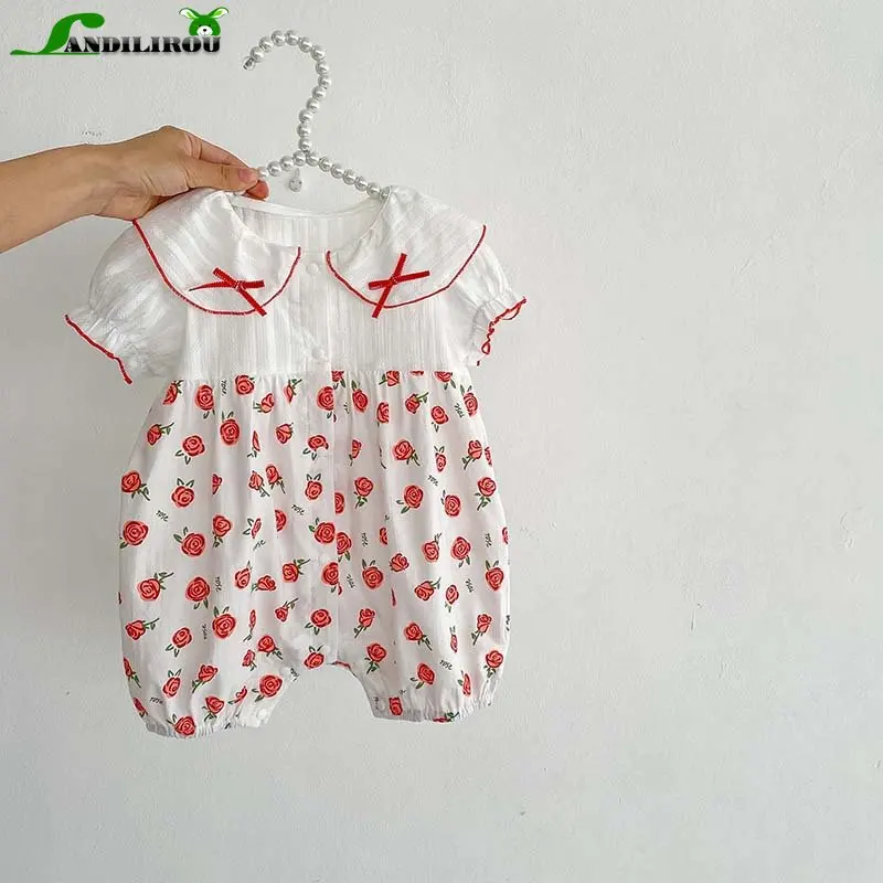 

Bodysuits 유아복 Summer New In Newborn Baby Girls Puff Sleeve Peter Pan Collar Patch Rose clothing Infant Kids Cotton Jumpsuits