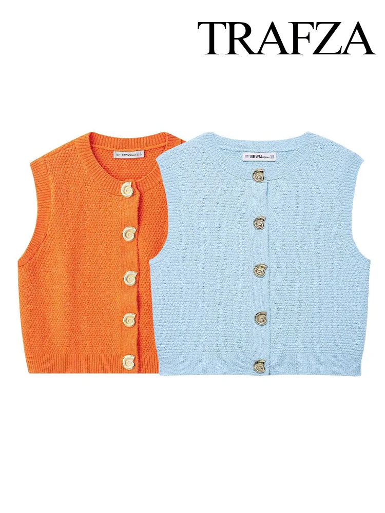 

TRAFZA Women Fashion Simple Solid Crew Neck Single-Breasted Vest Slim Sweater Top Female Elegant 2-Color Knitted Sleeveless Tops