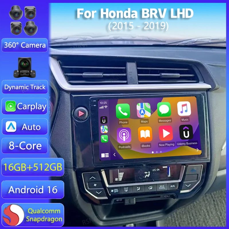 Radio para Auto Android 16 para Honda BRV LHD 2015 2016 - 2019, Carplay, GPS, Navegación, Pantalla 2K, Reproductor de Video DSP, Estéreo, Cámara 360
