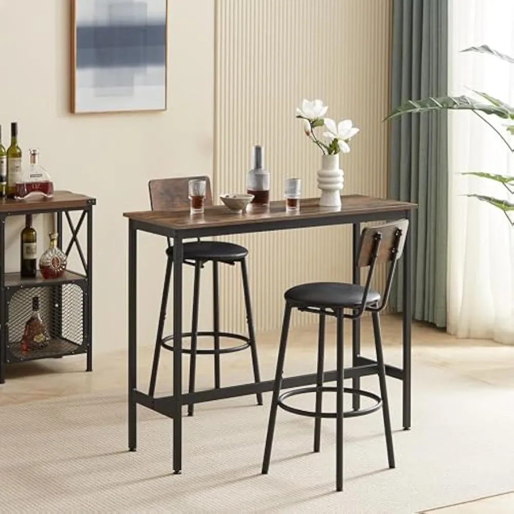 

Bar Table and Chairs Set, 3-Piece Bar Counter Set with 2 Bar Stools, Rustic Kitchen Dining Table with Upholstered Barstools for
