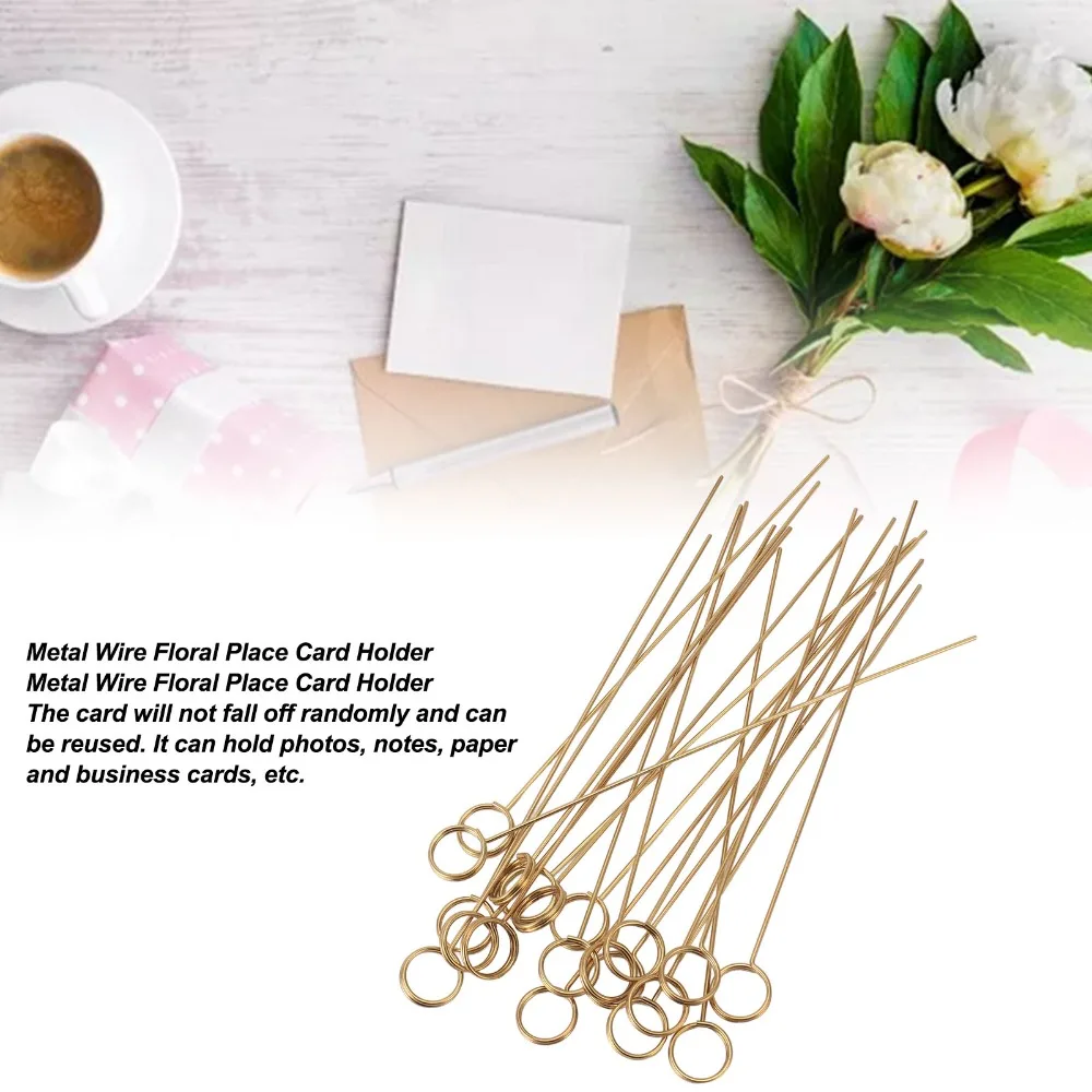 50Pcs Round/Heart Shaped Floral Picks Clips Gold 150mm / 6in Length Floral Place Card Holder Multi-purpose Metal Wire