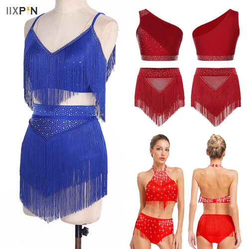Imagen 1 del producto Top corto sin mangas con flecos y falda con borlas, traje de baile de Salsa latina, ropa de práctica de danza de Ballet contemporánea lírica clásica