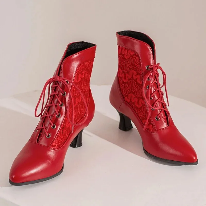 

Retro Women's Boots Classic Nobility Lace Ankle Boots For Woman Elegant Pointed Tip High Heeled Boots Designer Shoes Botas Mujer