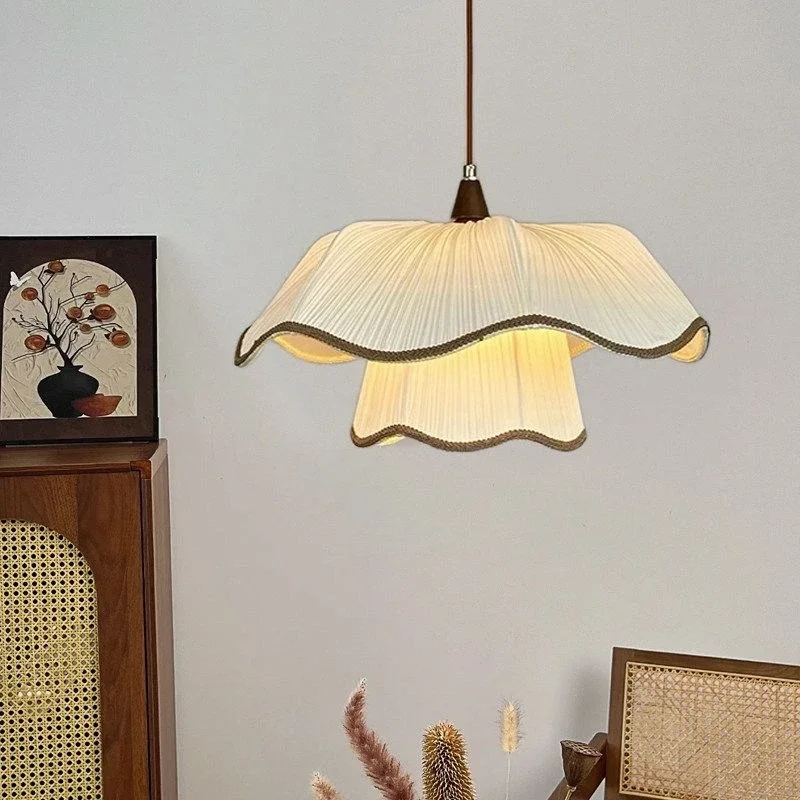 French Style Pleated Pendant Lamp Double Layer Flower Shade Chandelier Retro Wood Ceiling Light Living Room