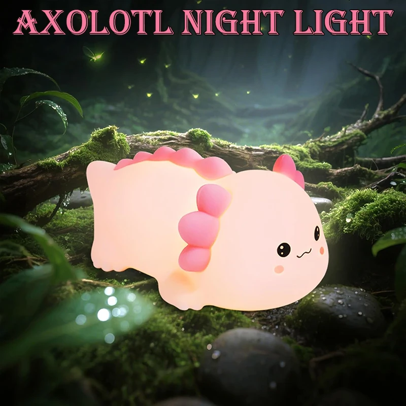

Cute Axolotl Night Light Silicone Nursery Sleeping Lamp Touch Control Nightlights USB Rechargeable Table Lamp for Baby Child