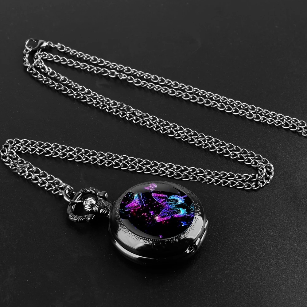 Orologio da tasca al quarzo nero con cupola in vetro a farfalla con quadrante con numeri arabi e catena resistente, regalo per uomini e donne