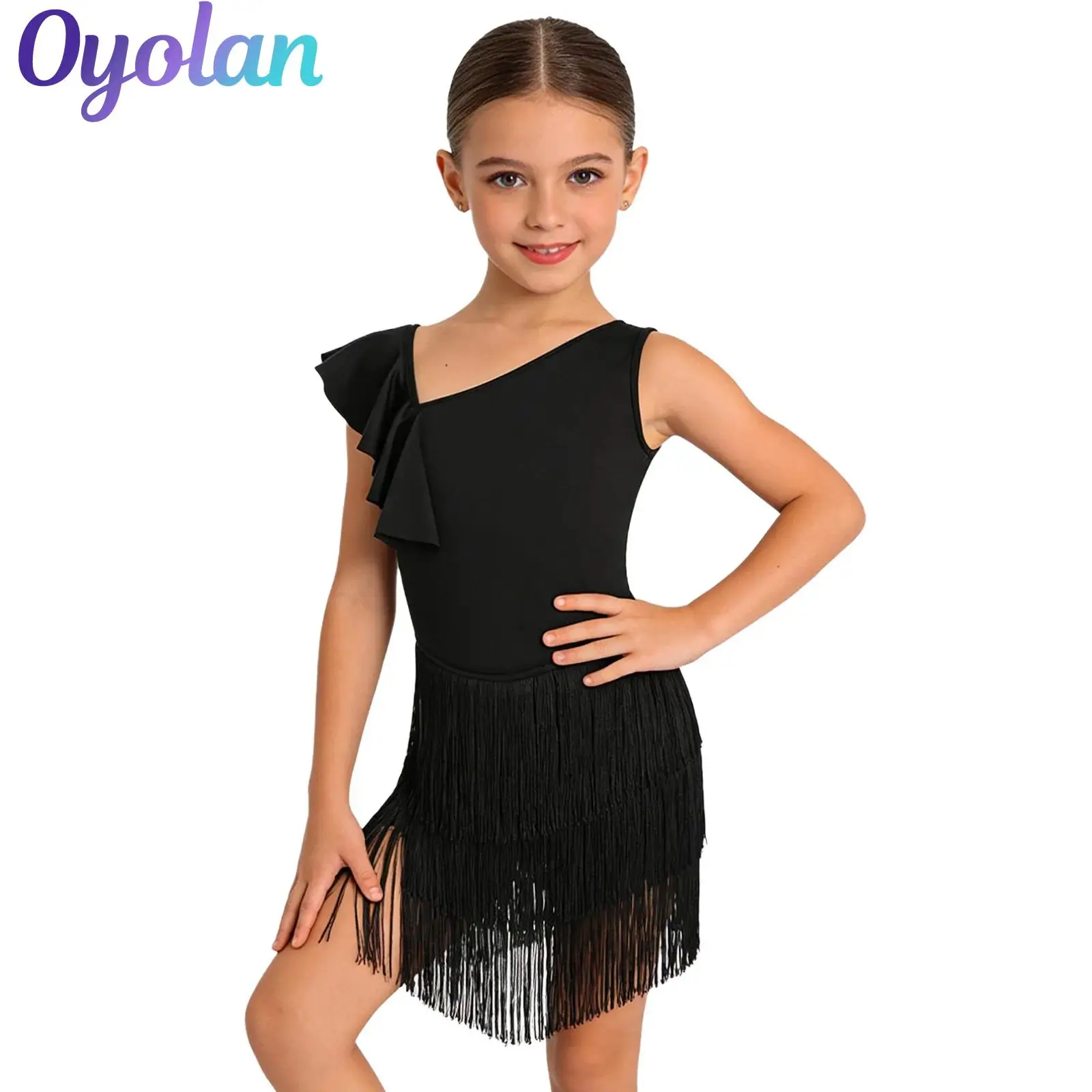 

Kids Girls Ballroom Latin Dance Performance Costume Competition Dress Asymmetrical Ruffle Fringe Dress with Built-in Briefs