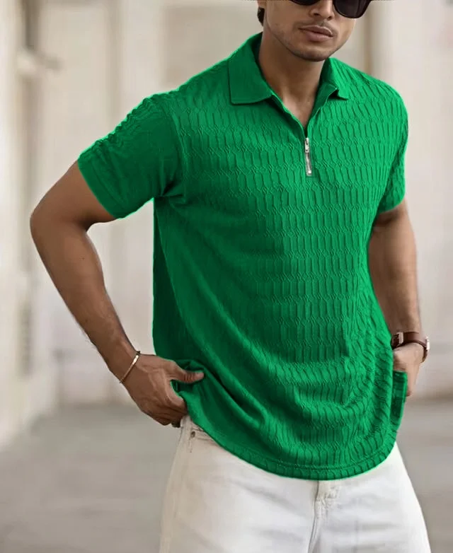 Summer New Men's Fashion Polo Shirt Stand Collar Zipper Short Sleeve Casual Streetwear