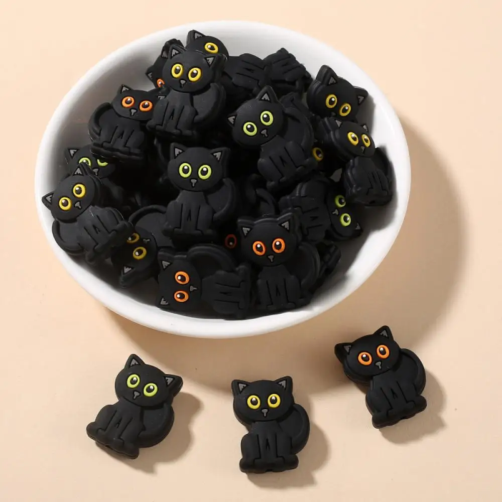 10Pcs 20x28mm Cartoon Black Cat Teether Beads Food Grade Silicone Chew Beads For Care Toy Accessory DIY Baby Pacifier Chain