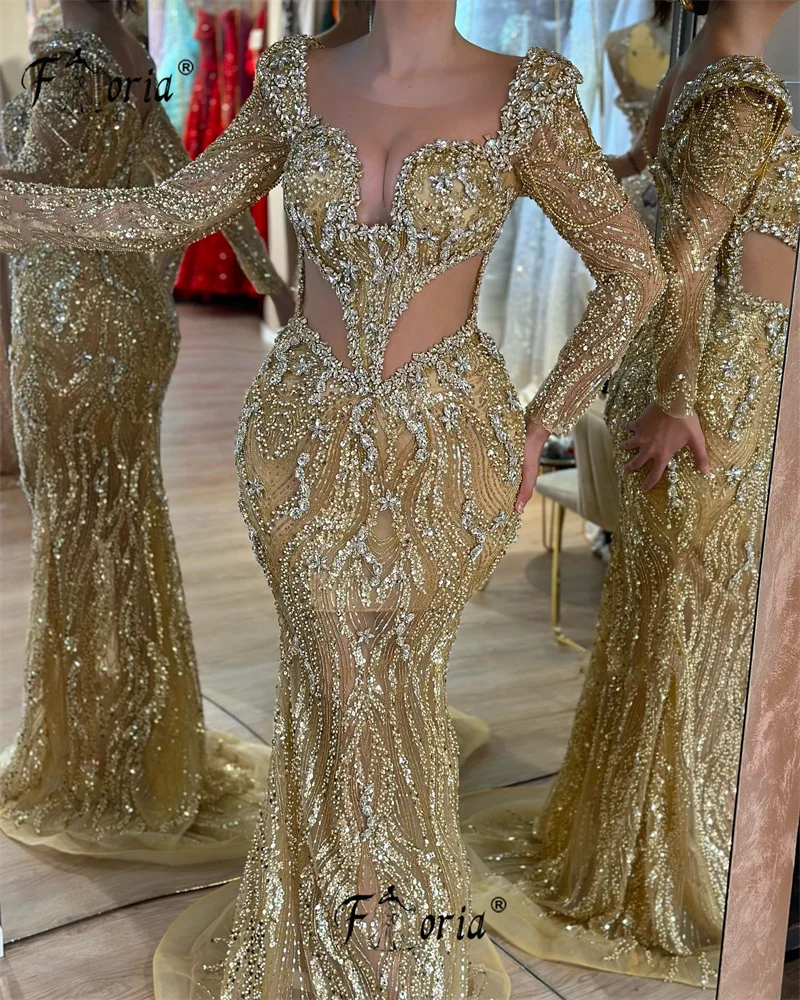 Vestido de noche de sirena de manga larga de lujo de Dubái, vestidos para ocasiones formales con cintura recortada y lentejuelas de cristal dorado, bata de noche para mujer