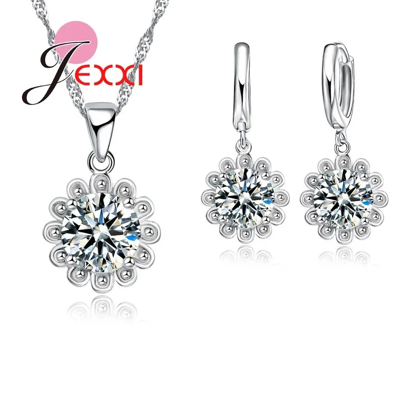

Fashion Women Quality Big Clear Crystal Sweet Flower Shape Pendant Necklace Earrings Set Shiny 925 Sterling Silver Jewelry