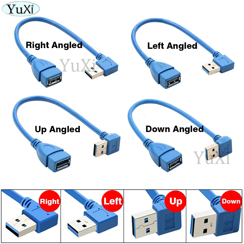 1 piece USB3.0 Female to Male 90 Angled Extension Cable Adaptor Right Left Down Up Blue USB 3.0 Extension Cable 23-25CM