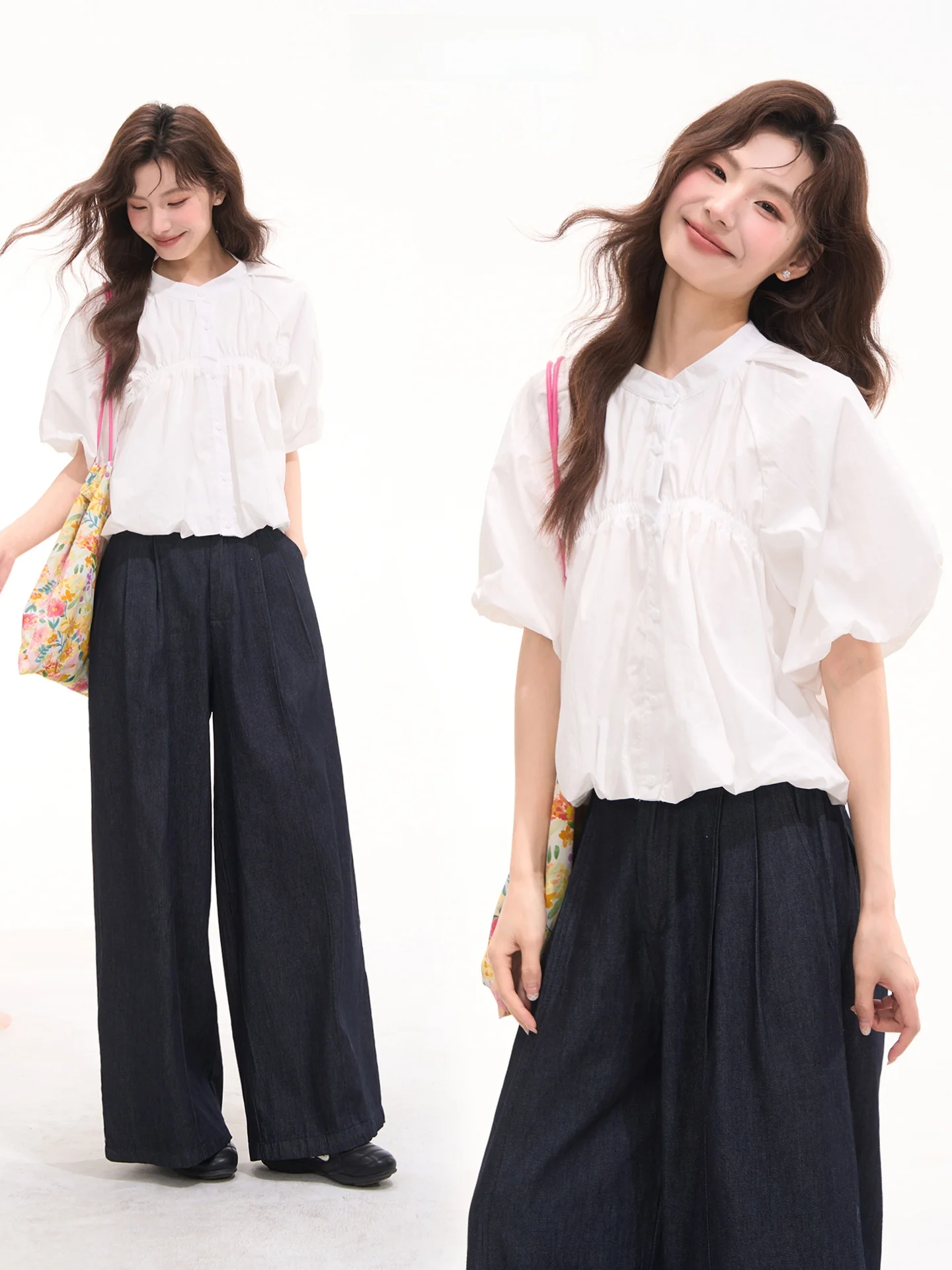 

Heme Floral Window Milk Flavored Puff Sleeve Short Sleeve Shirt Women Summer Sweet Style Pleated Cotton round Neck Button up