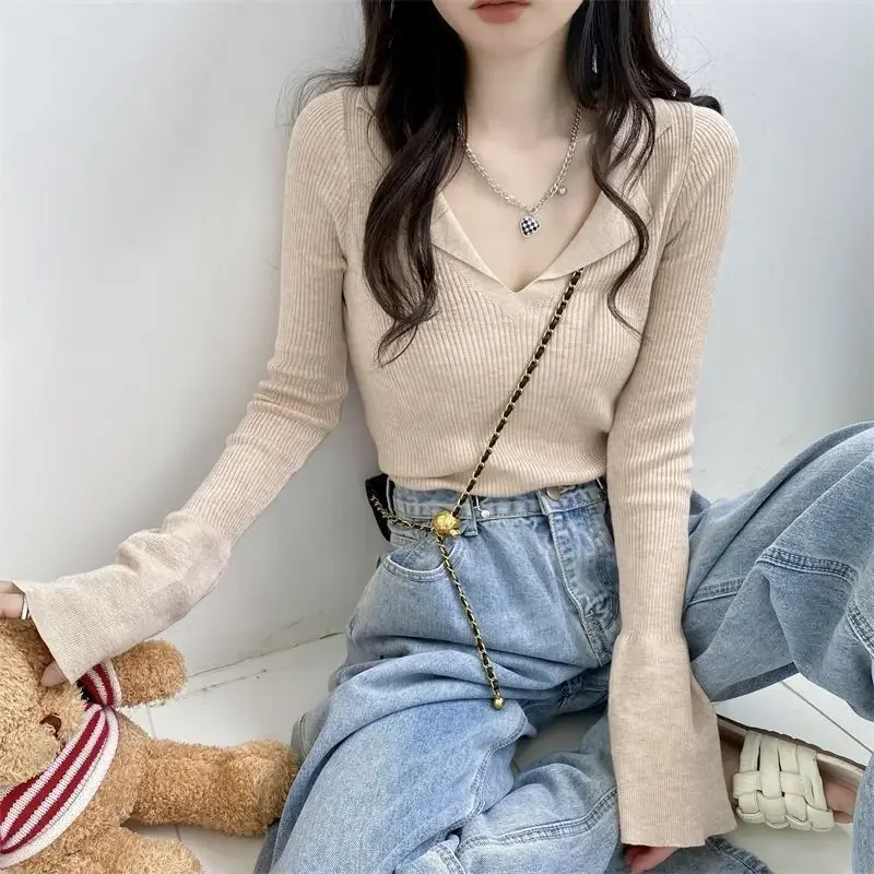 Black Knit Spring Women's T Shirts Long Sleeve Pink Polo Neck Shirt Top Plain Clothes Synthetic V Trend with Collar Korean Style