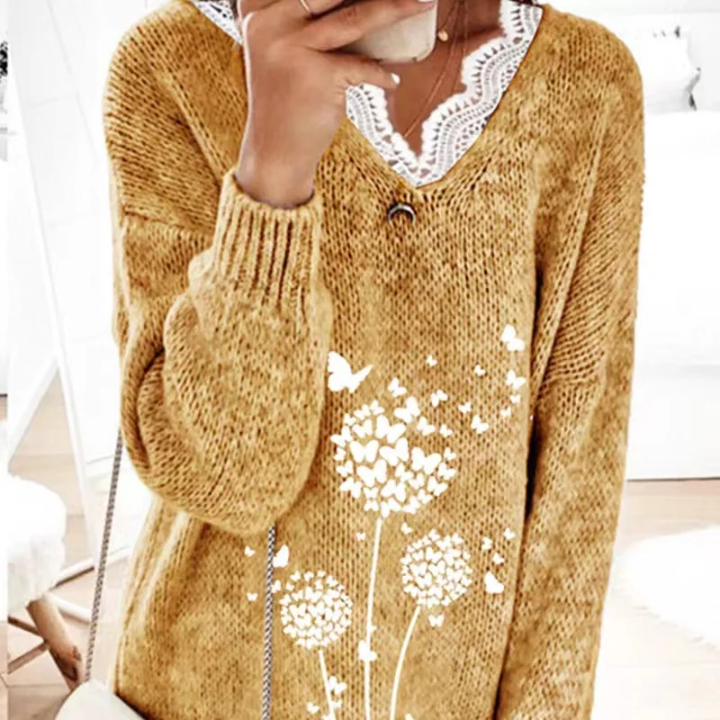 

New European and American Lace TrimVCollared Knitted Pullover for Women, Casual Versatile Sweater in Stock