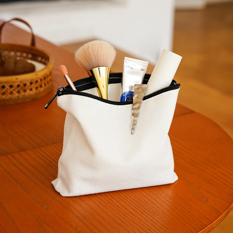 Pure White Cosmetic Bag for Women Portable Cosmetics Lipstick Storage Bag Zipper Single Layer Canvas Bag Commuter Toiletry Bag