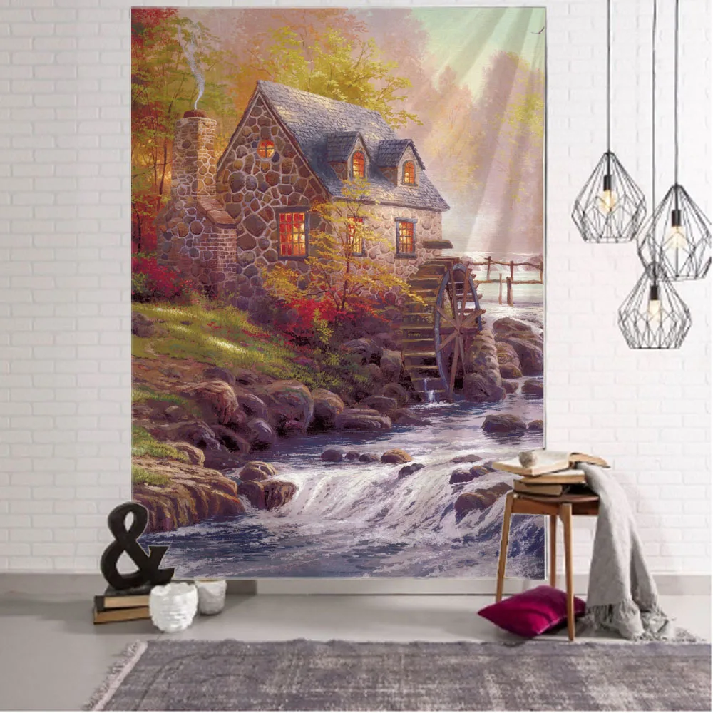 

European landscape oil painting tapestry pastoral scenery living room background wall poster hippie home wall decoration