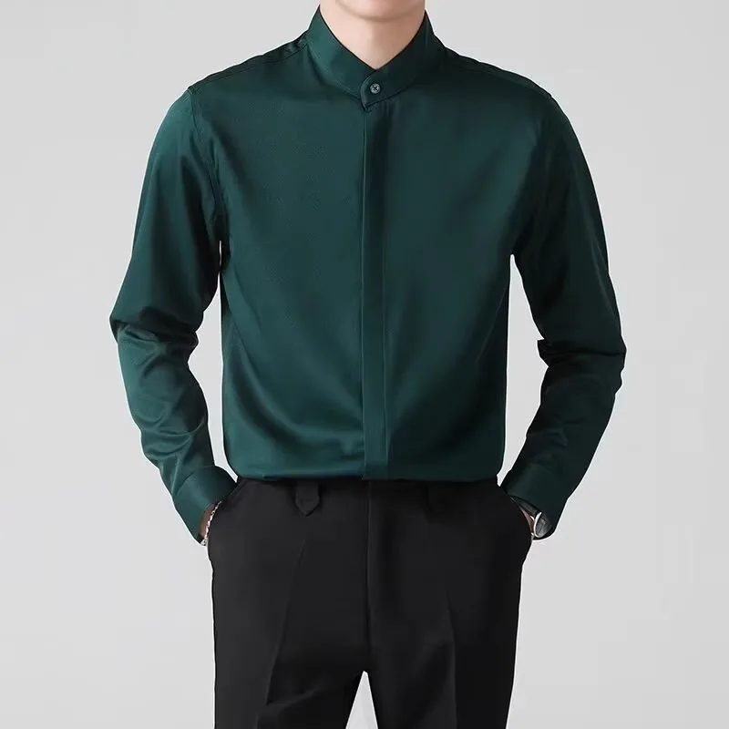 

Мужская повседневная рубашка с длинным рукавом в корейском стиле, не требующая глажки, деловая, модная, вязаная, однотонная, с воротником-стойкой, свободного кроя.