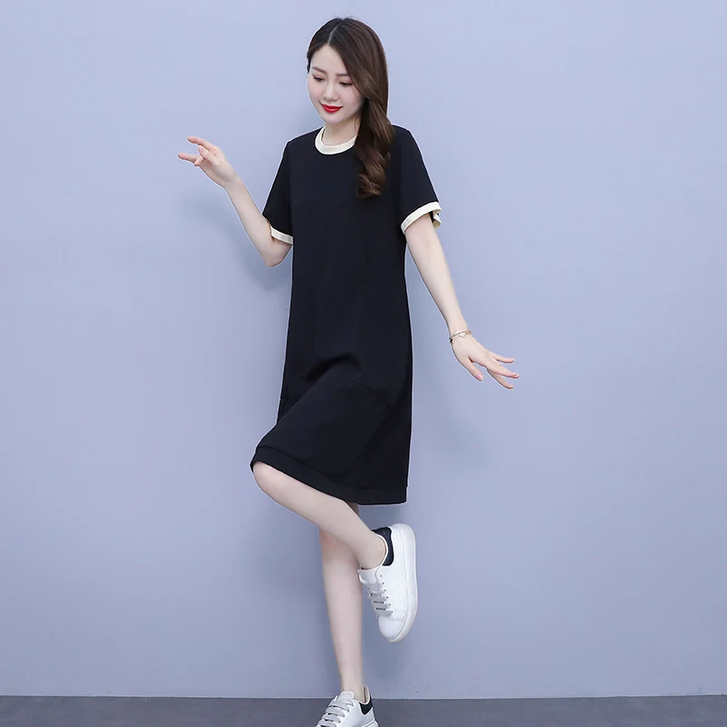 New Female Fashion Summer Casual Loose Covering Belly Dress For Women Simple And Thin Round Neck Korean Short Sleeved Skirt