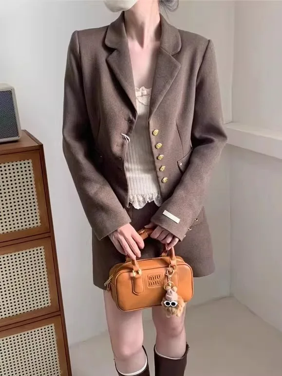 

Elegant Brown Suit Jacket Short Outerwear A-Line Skirt Set Slimming Waist High Waist Pure Color Vintage Style Women's Fa...