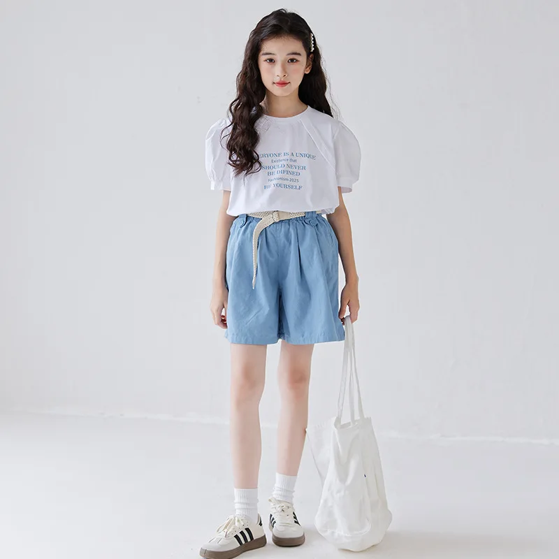

Girls' Leisure Suit 2025 Summer Korean Girls' Cotton T-Shirt Shorts Wear Two-Piece Suit.