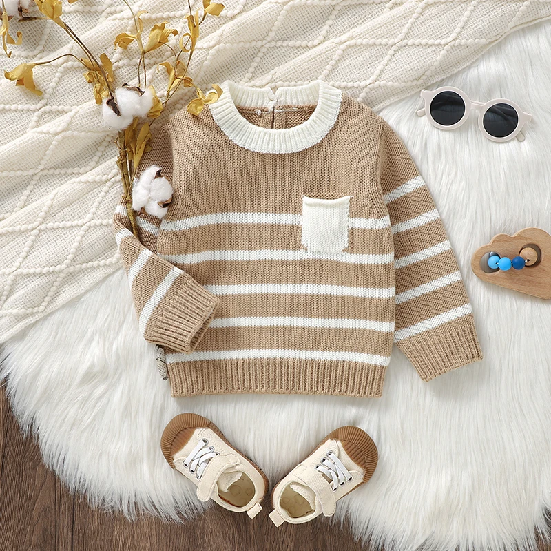 Soft Vertical strips O-neck Long Sleeve Baby Sweaters Pocket attached Knitted Acrylic Newborn Baby Girls Sweatshirt