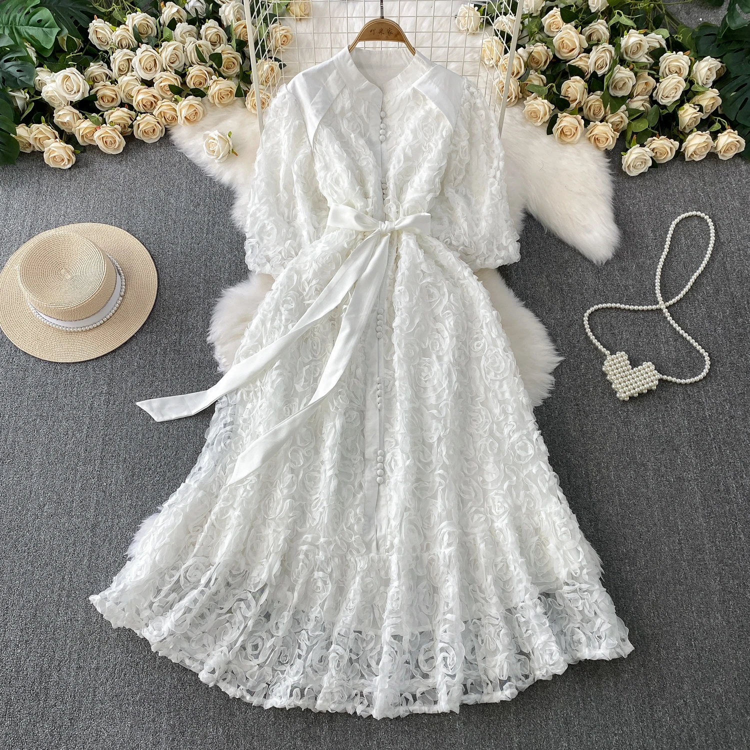 فستان أنيق ثلاثي الأبعاد بأكمام منتفخة على شكل زهرة للنساء فستان صيفي أنيق مكشكش للأميرة بمزاج متين #5