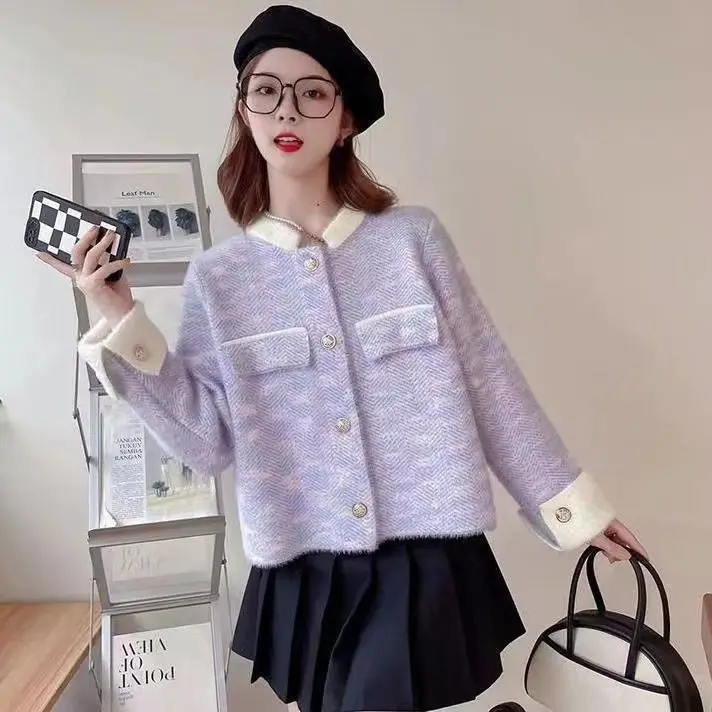 2025 New Autumn Winter Women Knit Cardigan Faux Mink Fur High Quality Thick Lapel Coat Elegant Sweater Top