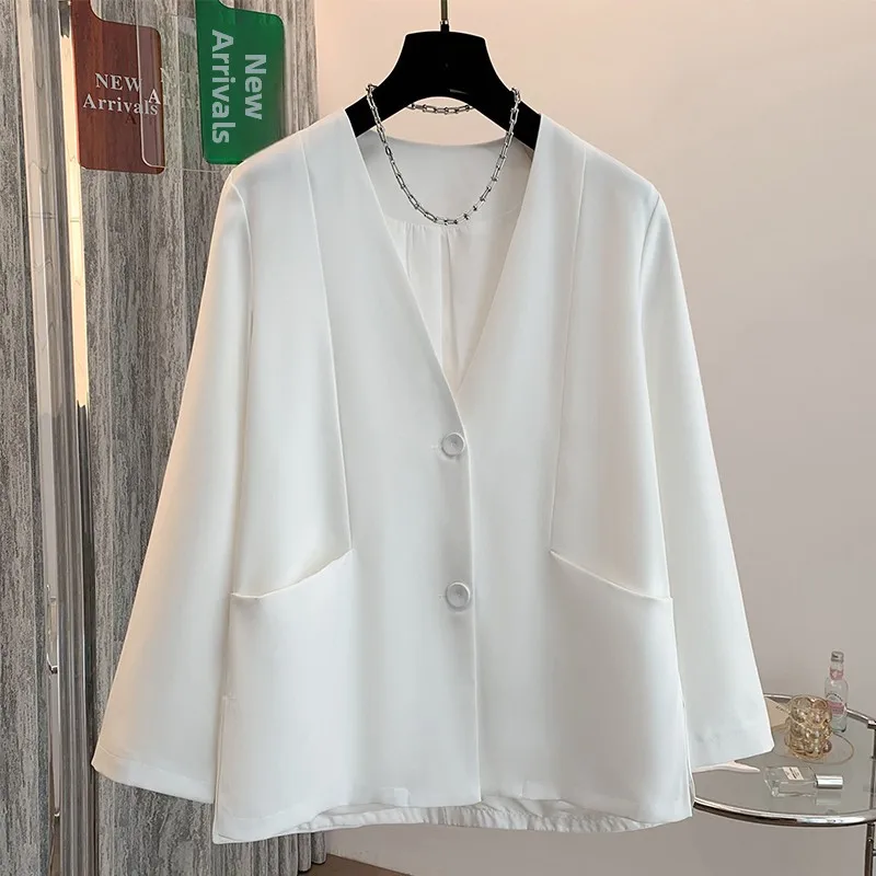 Summer 2026 Women's Open Cardigan Jacket Loose Fit Neckless White Versatile Commute Style High End Sensation Simple Design