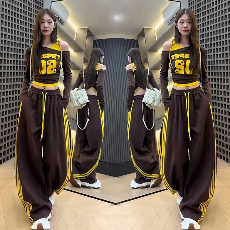 

Korean Style Fashion Set Women's Spring New Print Slim Shoulder Long Sleeve T-Shirt Wide Leg Pants Two Piece Set Hot Girl Wind