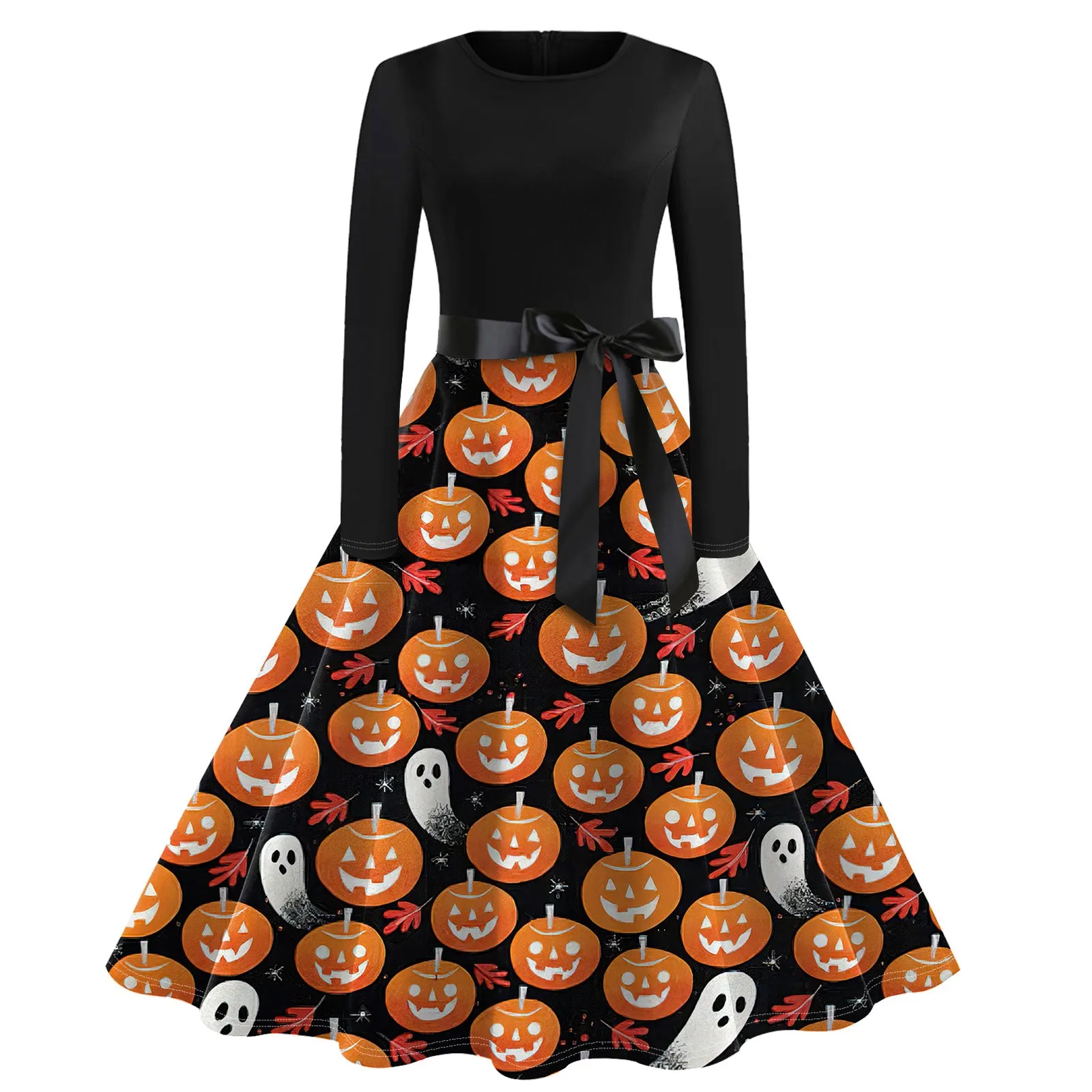 Halloweenowa sukienka z nadrukiem Flare dla kobiet Sukienka z długim rękawem Hollow Party Casual Sukienki plus size sukienki eleganckie sukienki