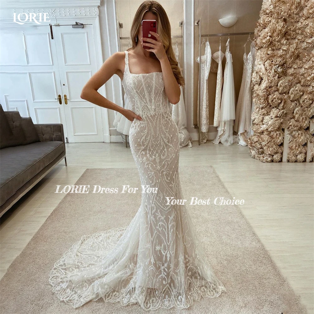 LORIE-vestidos de novia de encaje a rayas brillantes, apliques de sirena, cuello cuadrado, vestidos de novia ajustados, vestido de novia sin mangas de playa brillante