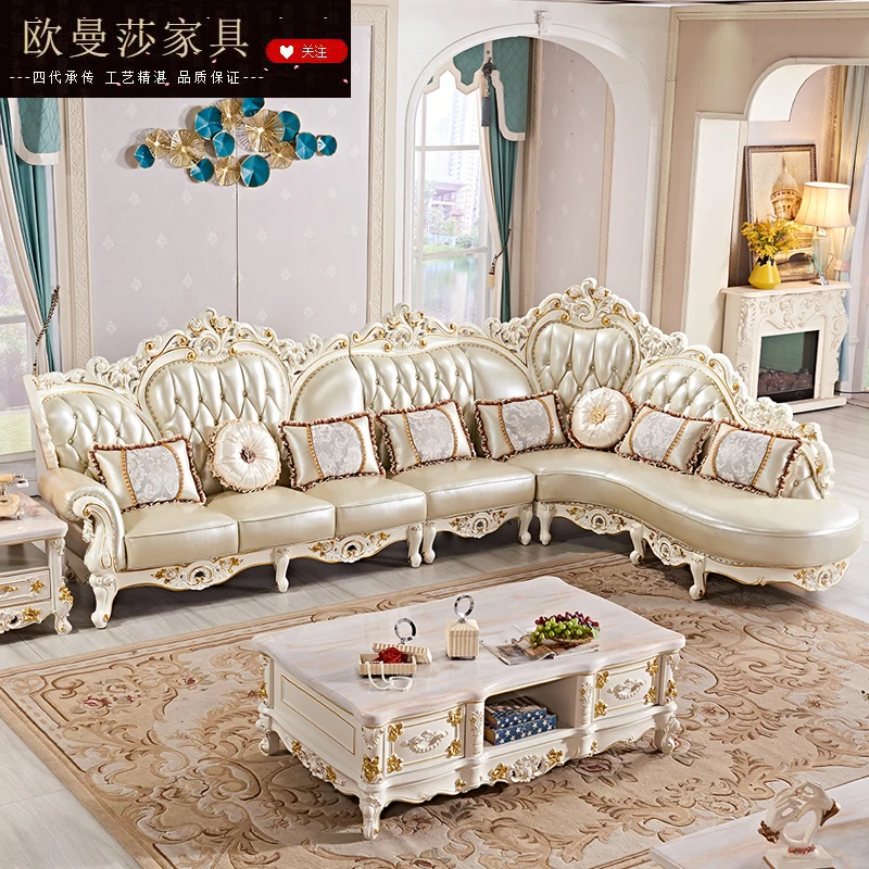 Living room furniture European-style solid wood corner sofa living room large family combination L-type gold villa first floor