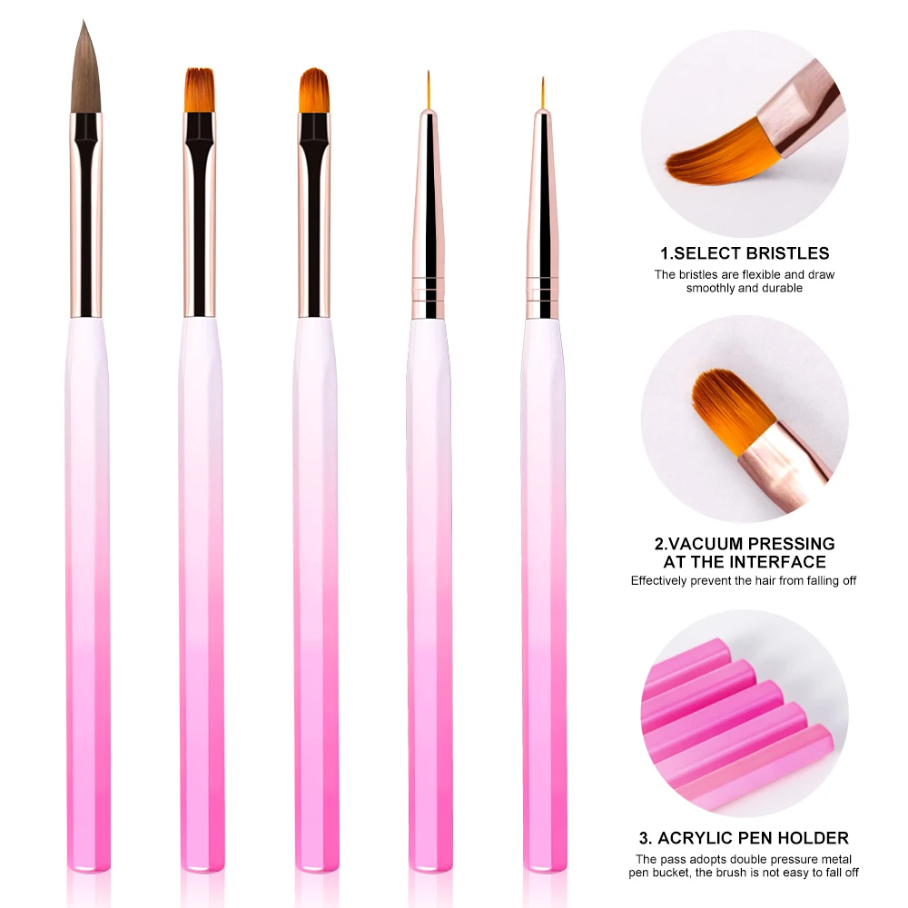 Pennello per unghie per set di pennelli per gel per manicure, disegno a strisce, kit di pennelli per gel per intaglio in polvere liquida acrilica professionale