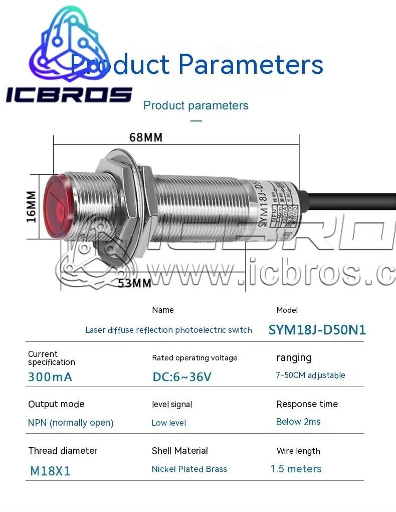 M18 Laser Diffuse Reflection InductIon Sensor SYM18J-D50N1/P1/N2/P2 Three Wire NPN Normally Open 24V
