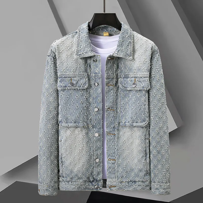 2025 Spring & Autumn Jacquard Pattern Men's Denim Jackets Loosen Fit Vintage Jeans Coats Male's Casual Clothes