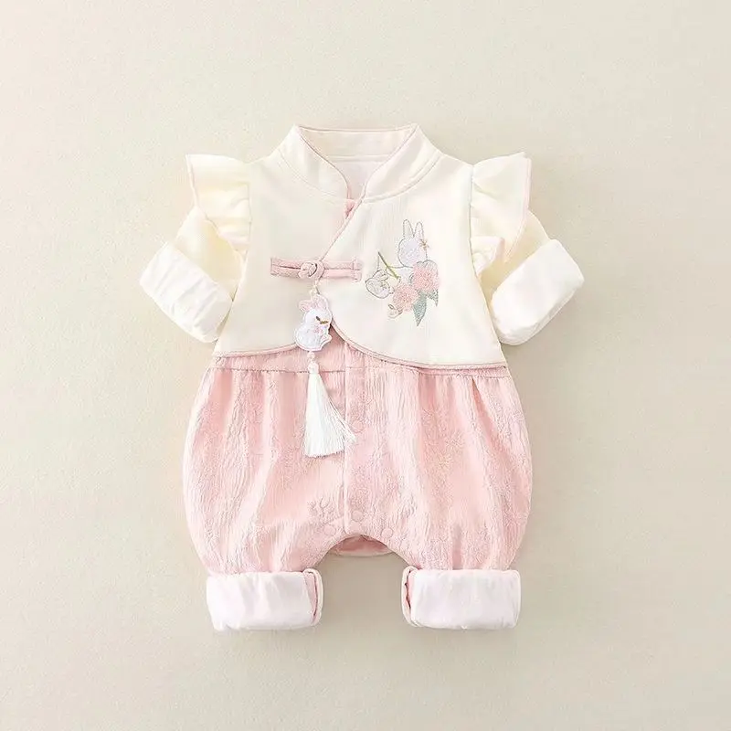 Newborn baby clothes Autumn clothes Baby girl onesie National style Hanfu One year old embroidered  Romper climbing clothes