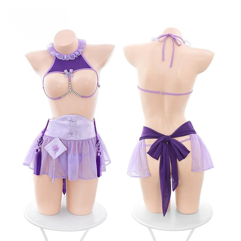 Women Sexy Lingerie Maid Uniform Purple Crotchless Chest Exposed Split Outfit Antique Tassel Underwear Anime Cosplay Costumes