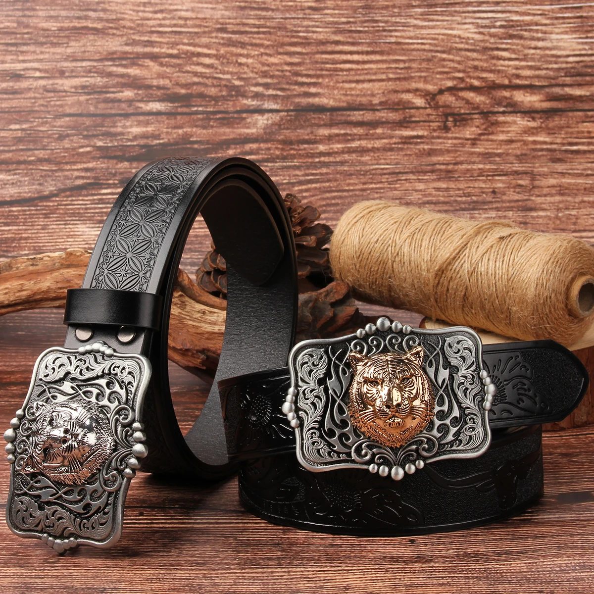 Four sided seven bead tiger head3.7cm wide men's and women's denim retro style waist belt