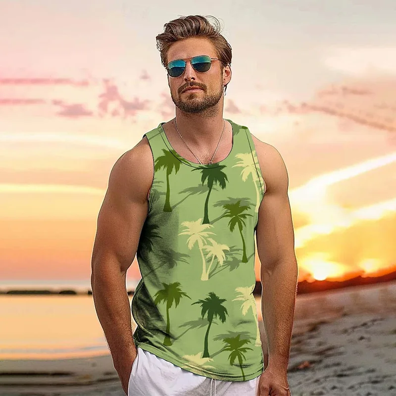 vintage Summer 3D Printed New Tropical Leaves Tank Top Coconut Trees Graphic Tank Tops Men Fashion Cool Streetwear Clothing Vest