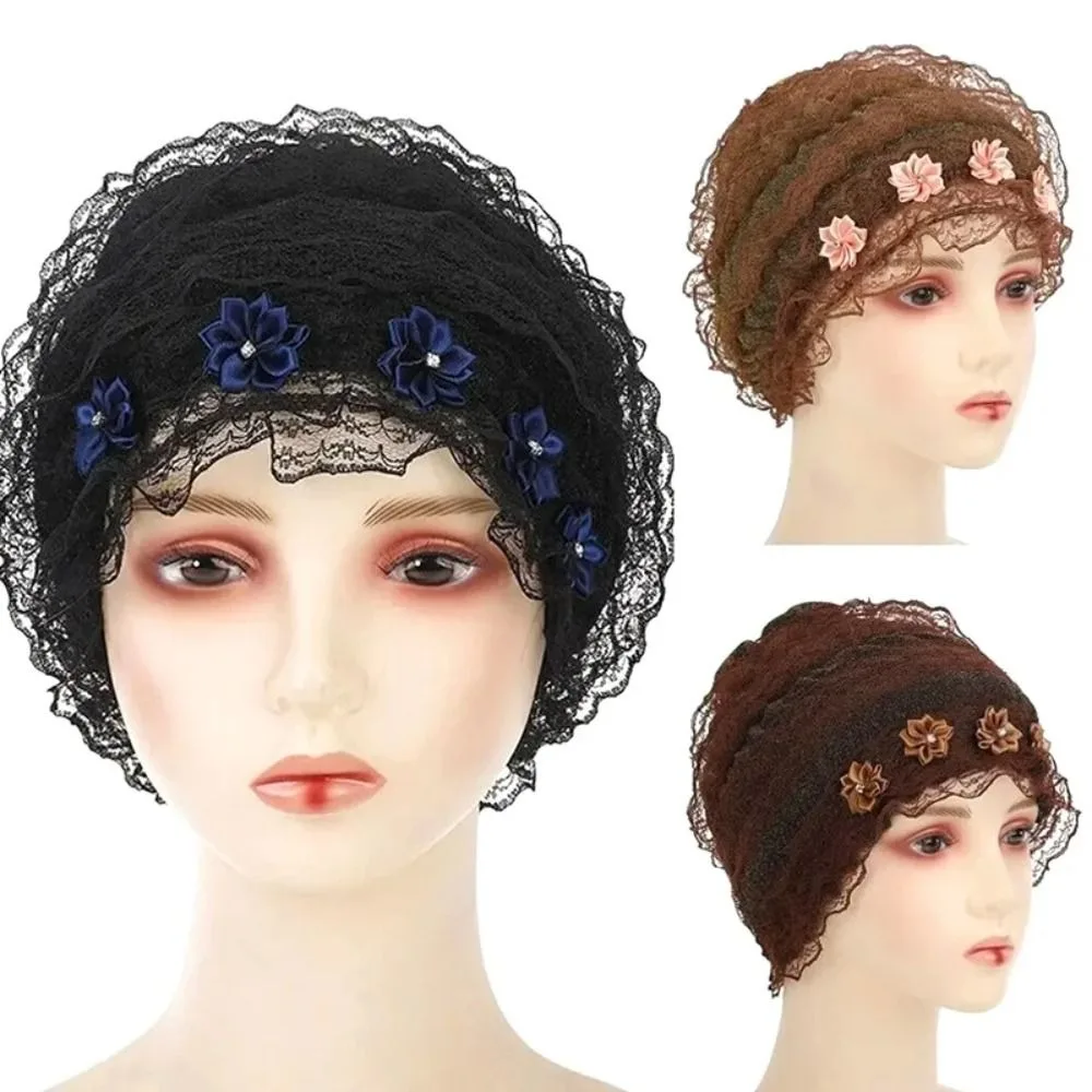 

Breathable Lace Mesh Turban Acrylic Fibers Without Eaves Muslim Flower Headband