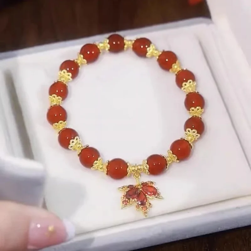 REDLEAF Lovesickness Chinese Beaded Maple Leaf Bracelet Temperament Design Antique Imitation Red Agate