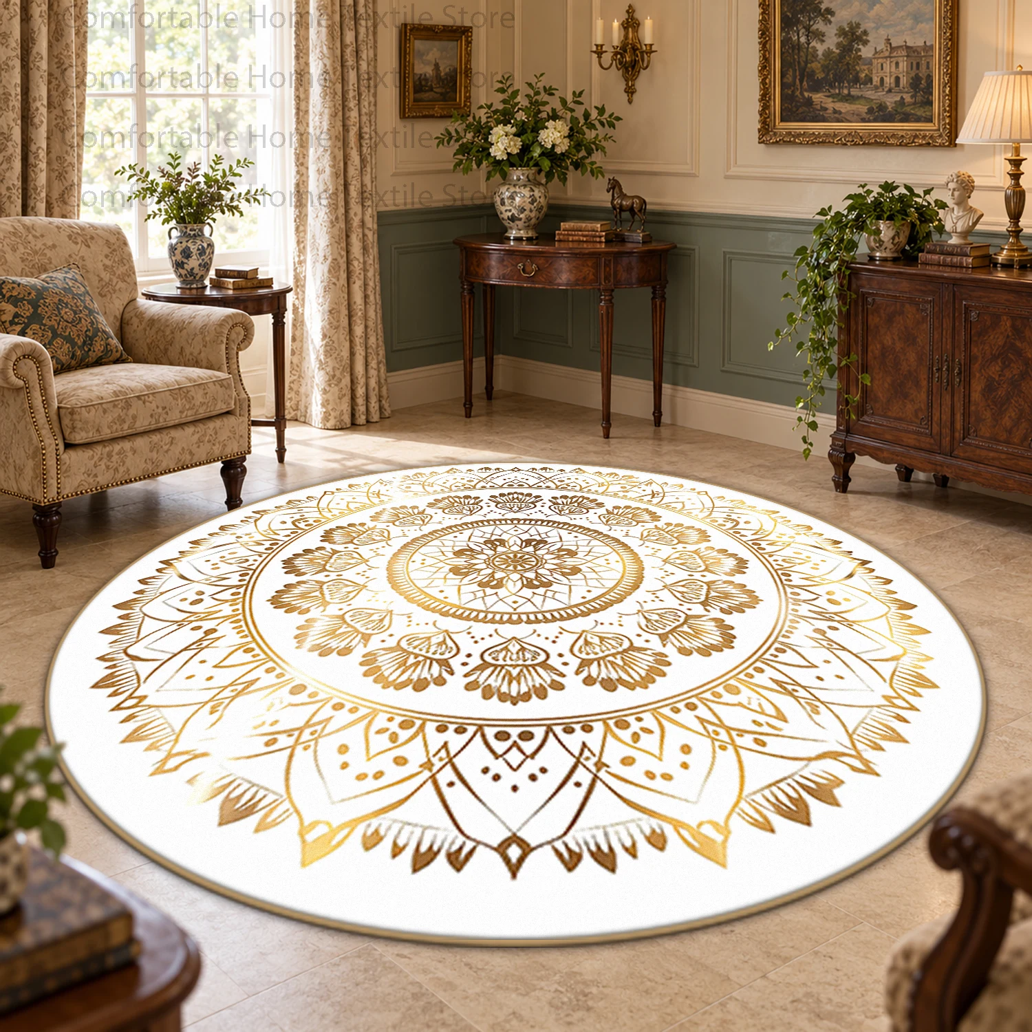 Retro Bohemian  Geometric Pattern Round Carpet for Living Room Stain Resistant Washable Bedroom Rug Fluffy Non-slip Floor Mat